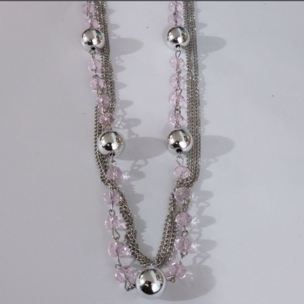 32" Paparazzi Womens Silver Chain Pink Beaded Necklace with Pink Beaded Earrings